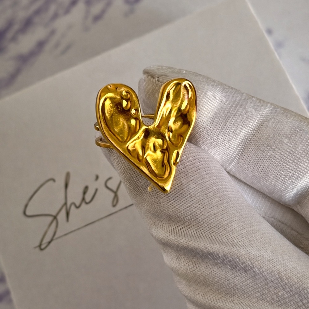 18K Gold Plated Stainless Steel Molten Love Adjustable Heart Ring
